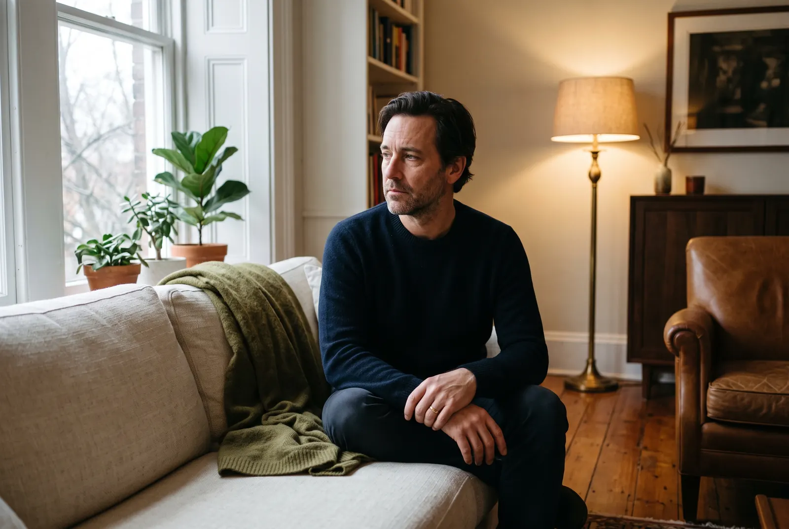 A man sits quietly on a sofa looking toward a window in soft overcast light