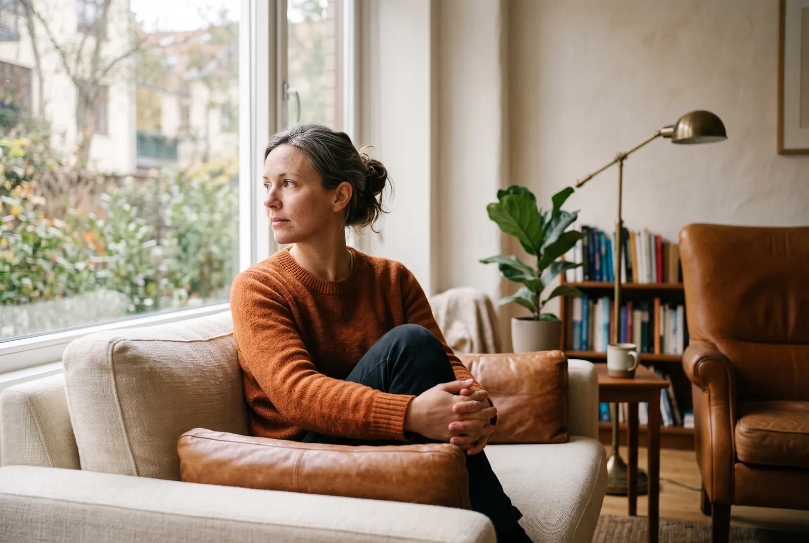 A woman sits alone on a sofa by a window, gazing out thoughtfully