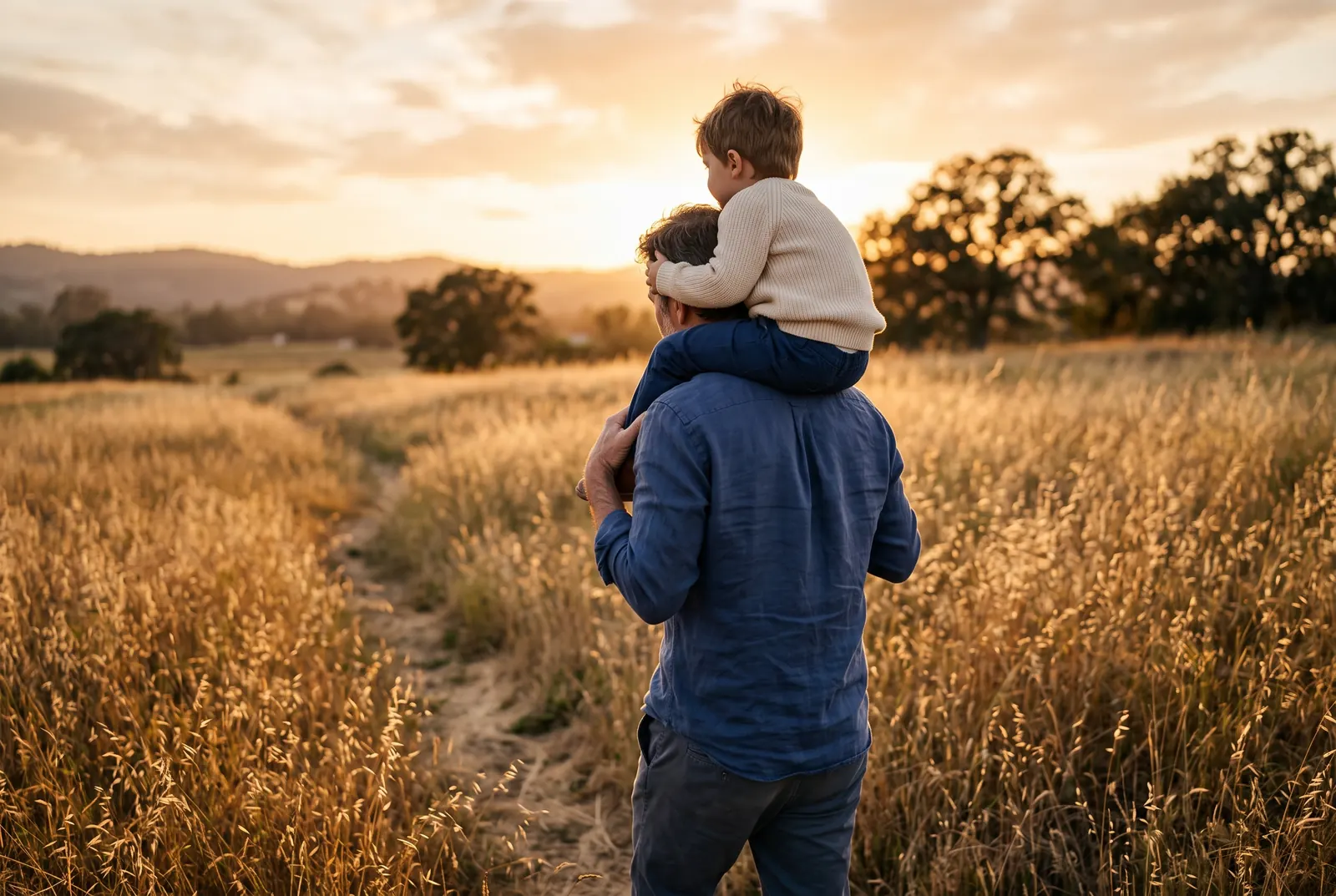 A father carries his young son on his shoulders through a golden field at sunset