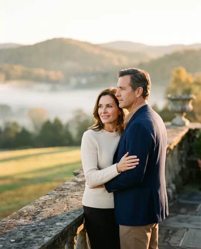 A couple embraces on a stone terrace overlooking misty Tennessee hills at sunrise