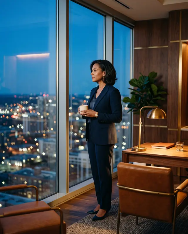 An executive in a navy suit looks out over the city from her office at dusk, coffee in hand